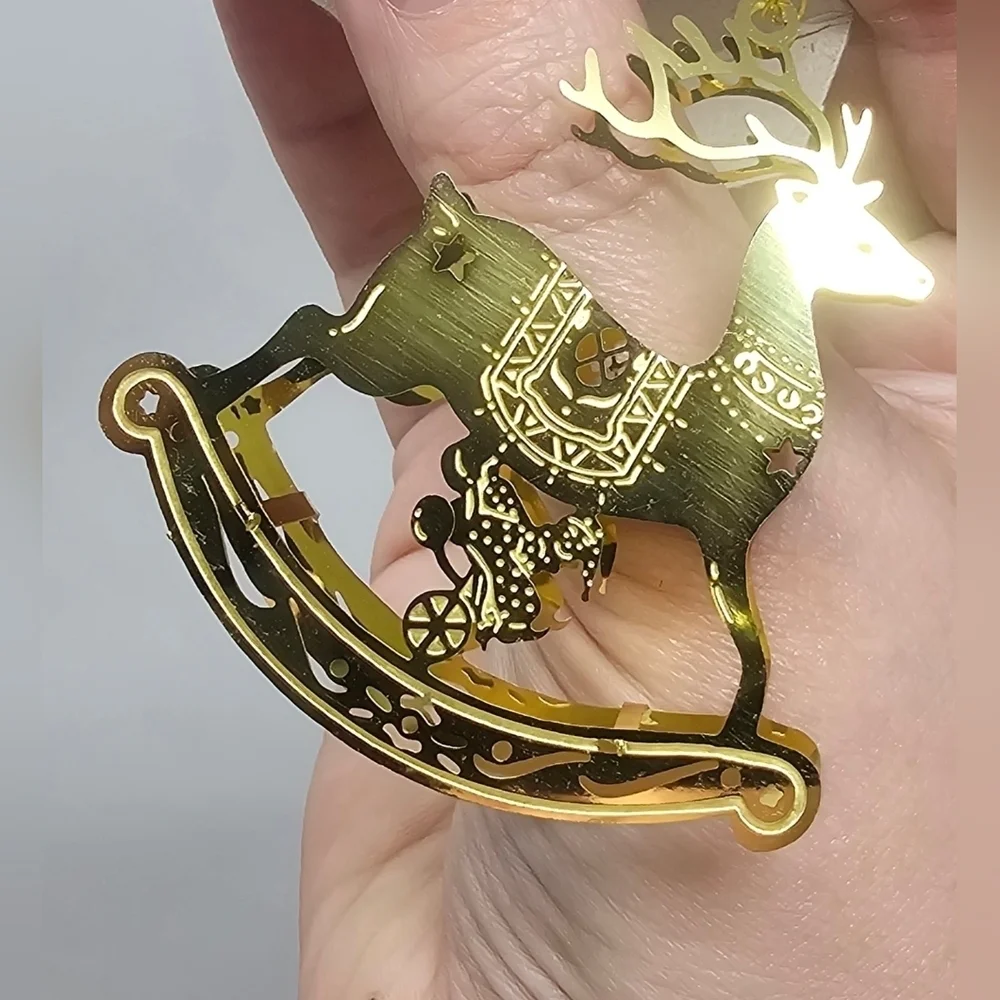 Vintage 3D Solid Brass Filigree Die Cut Gold Rocking Horse Ornament Shelf Sitter